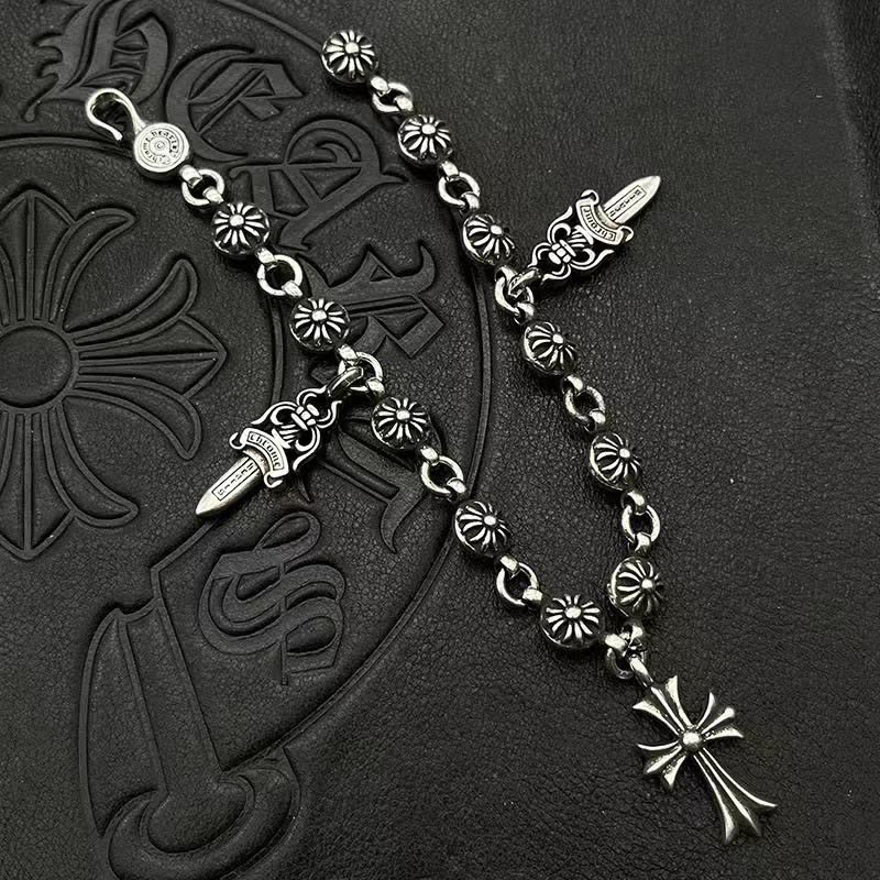 Chrome Hearts Silver Cross and Floral Bead Bracelet